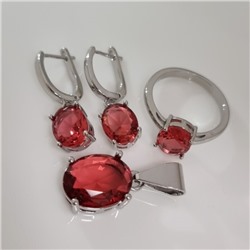Комплект ювелирной бижутерии коллекция "Дубай" серьги, кулон и кольцо 20 р покрытие посеребрение, вставка: стекло, цвет: рубиновый, арт.215.630-20