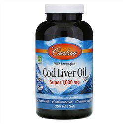 Carlson Labs, Cod Liver Oil Gems, капсулы из жира печени дикой норвежской трески, высшего качества, 1000 мг, 250 капсул