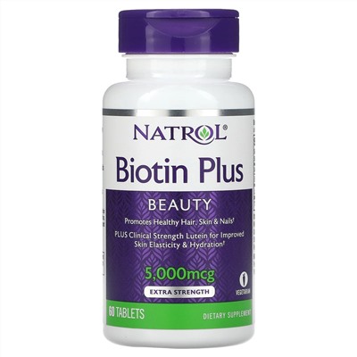 Natrol, Biotin Plus, повышенная эффективность, 5000 мкг, 60 таблеток