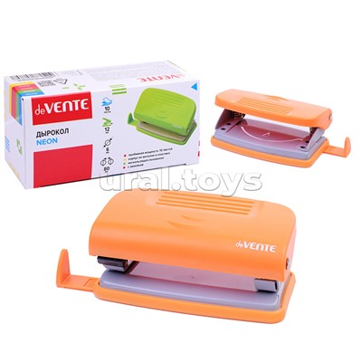 Дырокол "Neon" (10 листов) пластиковый с линейкой, в картонной коробке, неоновый оранжевый