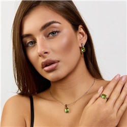 Комплект ювелирной бижутерии коллекция "Дубай" серьги, кулон и кольцо 17 р покрытие посеребрение, вставка: стекло, цвет: светло-зеленый, арт.215.537-17