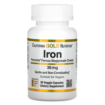 California Gold Nutrition, Ferrochel Iron (Bisglycinate), 36 mg, 90 Veggie Capsules