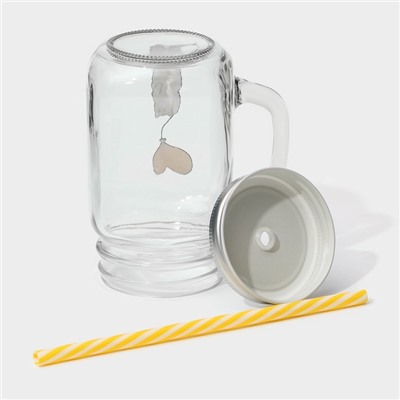 Кружка Доляна «Медведь», 450 мл, 10×7.5×13 см, с крышкой и трубочкой, стекло