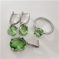 Комплект ювелирной бижутерии коллекция "Дубай" серьги, кулон и кольцо 20 р покрытие посеребрение, вставка: стекло, цвет: светло-зеленый, арт.215.627-20