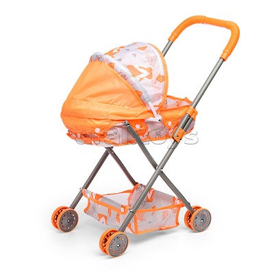 Коляска кукольная (металлическая, с капюшоном, сумкой и корзинкой, цвет оранжевый, с принтом) в пакете