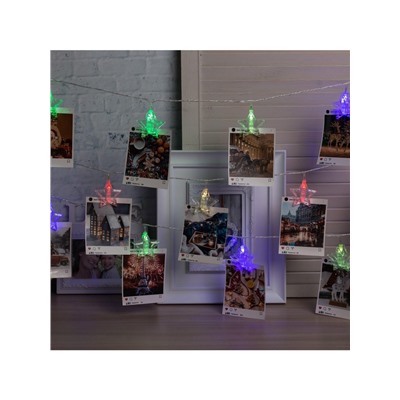 Гирлянда «Нить» 4.5 м с насадками «Прищепки-звёзды», IP20, прозрачная нить, 20 LED, свечение мульти (RG/RB), мигание, 220 В