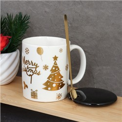 Кружка новогодняя с крышкой, ложка /300 мл/ HB-074 /уп 60/