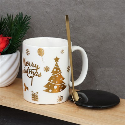 Кружка новогодняя с крышкой, ложка /300 мл/ HB-074 /уп 60/