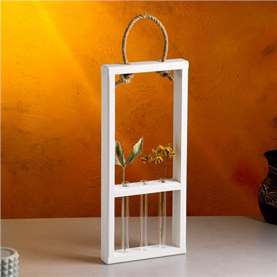 Кашпо деревянное, 18×5×40 см, 3 колбы, ручка - верёвка, белое