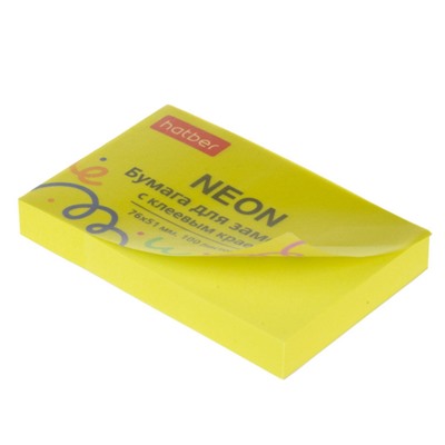 Бумага для заметок с клеевым краем 76х51 мм 100 листов "NEON" желтая 090327 Хатбер