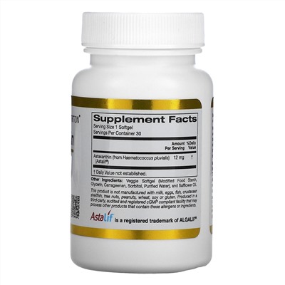 California Gold Nutrition, астаксантин, чистый исландский продукт AstaLif, 12 мг, 30 растительных мягких таблеток