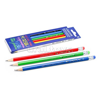 Карандаш чернографитный "Classic Forever" 06 шт (HB) диаметр грифеля 2 мм, трёхгранный корпус, покраска корпуса ассорти, с фразами, с ластиком, заточенные, в картонной коробке с покрытием Soft Touch