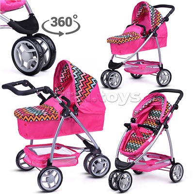 Коляска-трансформер для кукол, металлическая, регулируемая ручка, с корзиной, розовый зигзаг