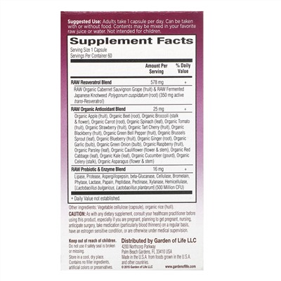 Garden of Life, RAW Resveratrol, 350 мг, 60 веганских капсул