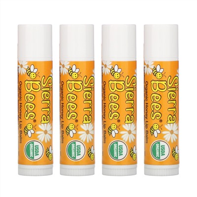 Sierra Bees, Органические бальзамы для губ, мед, 4 штуки в упаковке весом 0,15 унции (4,25 г) каждая