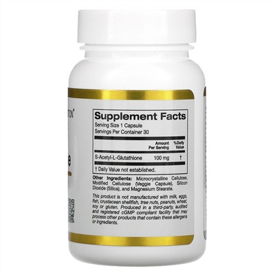 California Gold Nutrition, S-ацетил-L-глутатион, 100 мг, 30 растительных капсул
