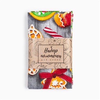 Набор новогодних кухонных полотенец Доляна «Новогоднее печенье » 35×60 см-2 штуки, 100% хлопок