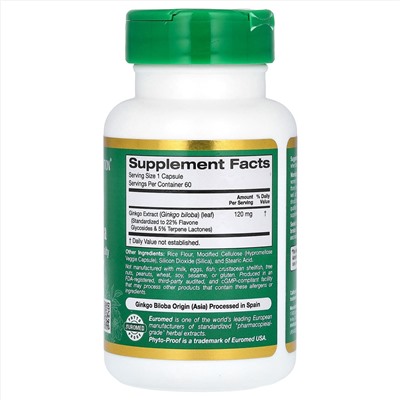 California Gold Nutrition, EuroHerbs, экстракт гинкго билоба, европейское качество, 120 мг, 60 растительных капсул