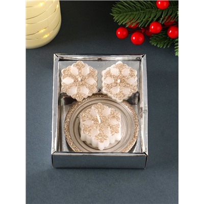 Набор свечей «Снежинки и подсвечник», 3 шт., 12×10×4 см