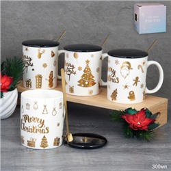 Кружка новогодняя с крышкой, ложка /300 мл/ HB-074 /уп 60/