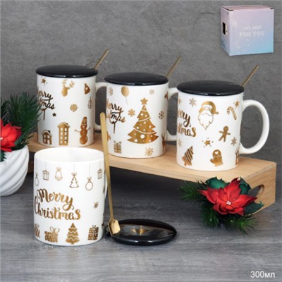 Кружка новогодняя с крышкой, ложка /300 мл/ HB-074 /уп 60/