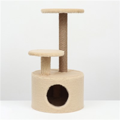 Комплекс для кошек с когтеточкой, с круглым домом, 2 полками, 42×42×90 см, бежевый