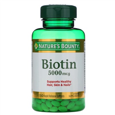 Nature's Bounty, биотин, 5000 мг, 150 капсул с быстрым высвобождением