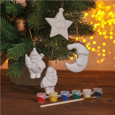 УЦЕНКА Набор елочных украшений под раскраску 4 шт. «Прелесть» с подвесом, кисть