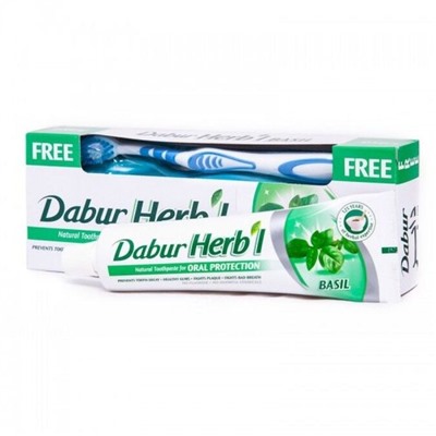 Dabur Herb'l Toothpaste Basil with Toothbrush / Дабур Зубная Паста Защита Полости Рта с Базиликом + Зубная Щётка Ср. Жесткости 150 г