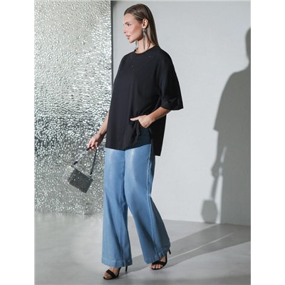 Футболка оверсайз с принтом стразами из премиального хлопка с эластаном