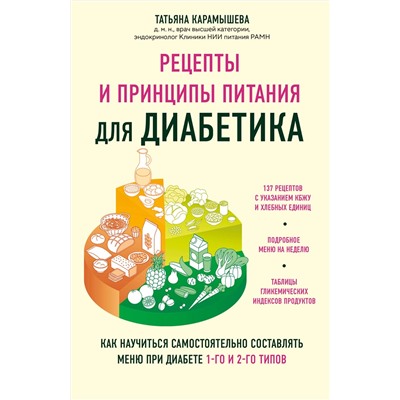 Эксмо Татьяна Карамышева "Рецепты и принципы питания для диабетика. Как научиться самостоятельно составлять меню при диабете 1-го и 2-го типов"