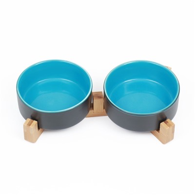Миски, 450 мл, 28.5×15.5×7 с, 2 шт., на подставке, керамика, серая, голубая