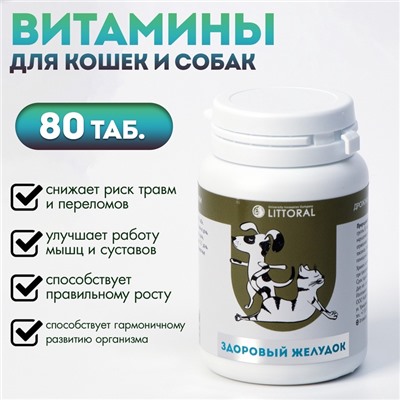 Пивные дрожжи «Здоровый желудок» для кошек и собак, с энтеросорбентом, 80 таб