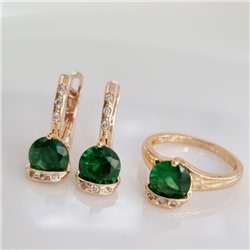 Комплект ювелирная бижутерия коллекция  "Дубай" серьги и кольцо 18 р, покрытие: позолота, вставка: фианиты, цвет: зеленый и прозрачный, арт.217.314-18