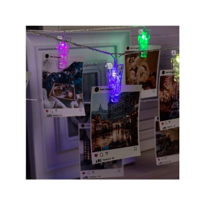 Гирлянда-нить, 4.5 м с насадками «Прищепки», IP20, прозрачная нить, 20 LED, свечение RG/RB, мигание, 220 В