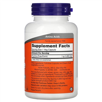Now Foods, таурин, двойной концентрации, 1000 мг, 100 растительных капсул