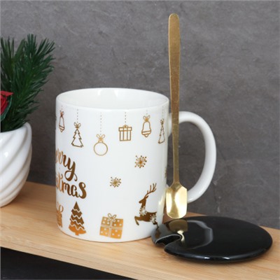 Кружка новогодняя с крышкой, ложка /300 мл/ HB-074 /уп 60/