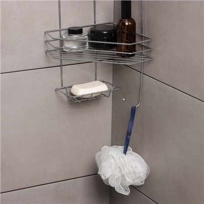 Полка угловая с мыльницей и вешалкой 2-х ярусная, 25.5×42.5 см, цвет хром
