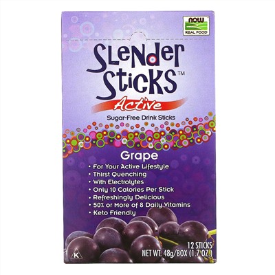 Now Foods, Real Food, Slender Sticks, Active, напиток с виноградным вкусом, 12 стиков, 48 г (1,7 унции)