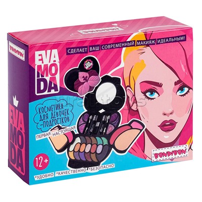 Набор детской декор. косметики Bondibon Eva Moda, BOX 16,5х12,5х4,5 см; тени для век-17шт.(12,48г), блеск для губ-6шт.(4г), румяна-4шт.(5,28г), пудра-1шт.(3,68г), тушь-2шт.(3,2г), аппликатор-3шт., пуховка-1шт., зеркало-1шт.,