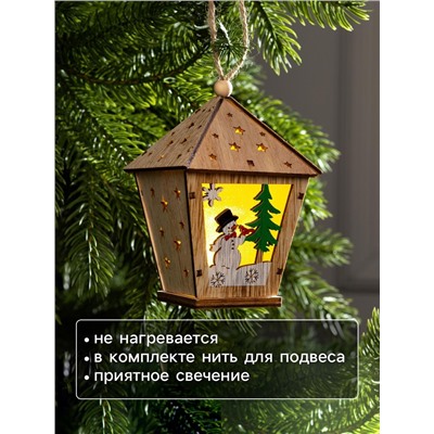 Ёлочная игрушка «Фонарь со снеговиком», 11×8×8 см, от батареек, свечение тёплое белое