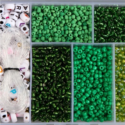 Бисер стекло 8/0 в шкатулке «Зелёный», бусины + нить 0.8 мм, 5 м, 12×8.4×2.2 см