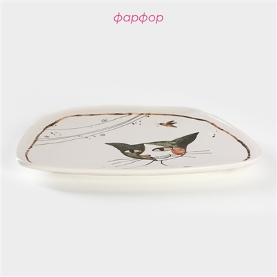 Блюдо фарфоровое сервировочное Доляна «Коты-аристократы», 22×18 см, белое