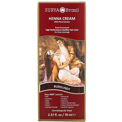Surya Brasil, Крем с хной, Окрашивание & кондиционирование волос, Бургунди, 2.37унции (70 мл)