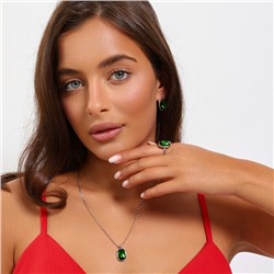 Комплект ювелирной бижутерии серьги, кулон и кольцо 17 р, покрытие посеребрение, вставка: искусственный кристалл, цвет: изумрудный, арт.314.864-17