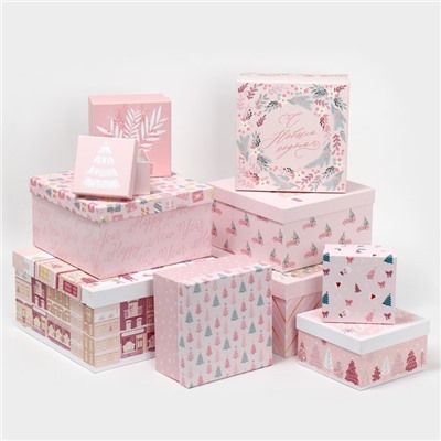 Набор новогодних подарочных коробок 10 в 1 Happy New year, 10×10×6 ‒ 28×28×15 см, Новый год