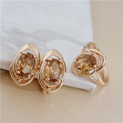 Комплект ювелирной бижутерии коллекция "Дубай" серьги и кольцо 17 р, покрытие позолота, вставка: стекло, цвет: шампань, арт.313.502-17