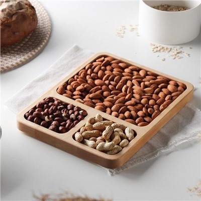 Менажница деревянная квадратная Доляна, 26×20.5×2 см, 3 секции, берёза