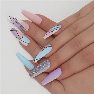 Накладные ногти «Графика», 12 шт., с клеевыми пластинами, форма балерина, разноцветные