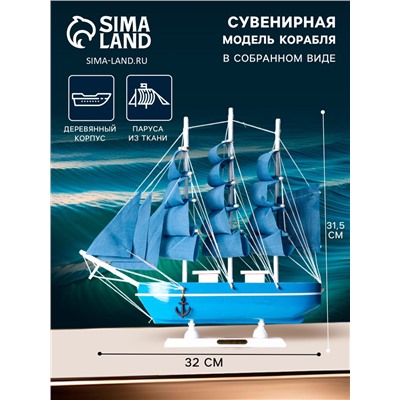 Сувенирная модель корабля «Алида», борта голубые с полосой, паруса голубые, 32×31.5×5.5 см